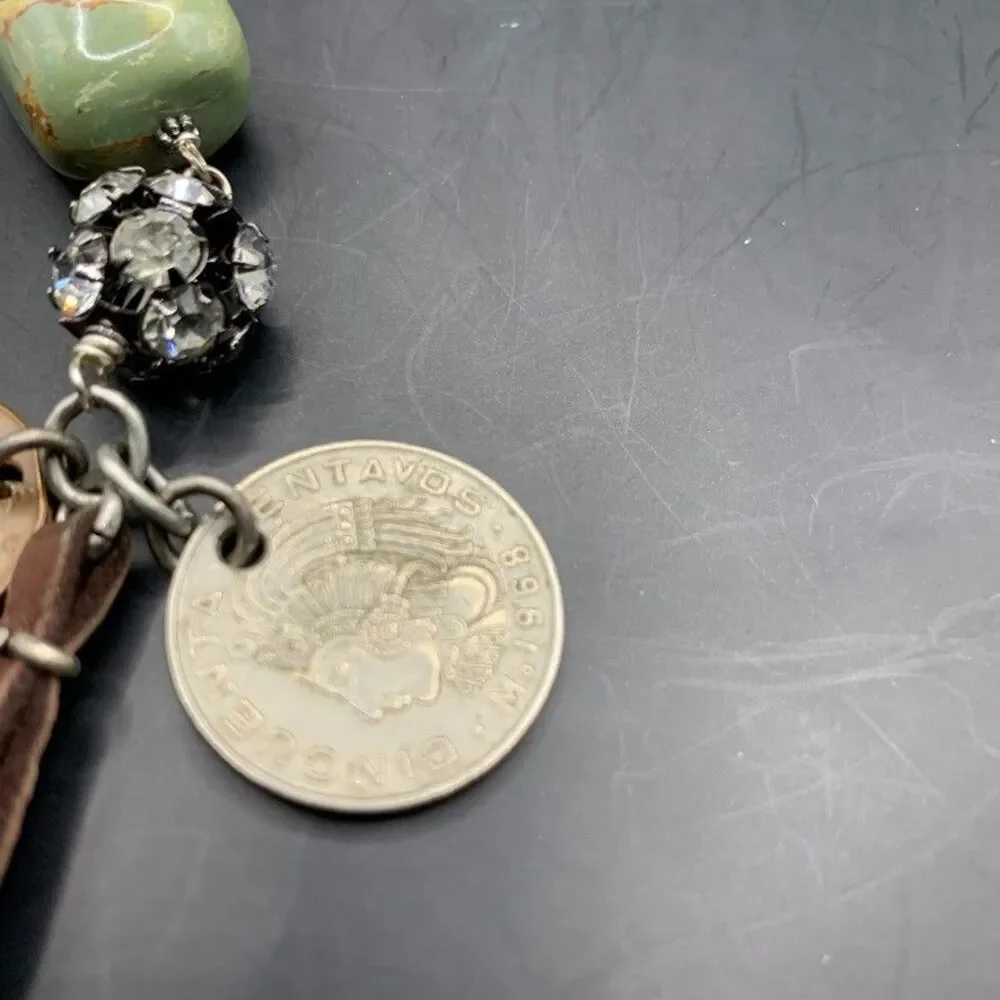 Handmade Artisan Necklace Jasper Pearl Panama Mexico Coins Leather Rhinestones